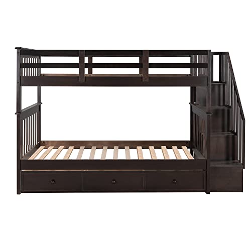White Twin Over Full Wood Bunk Bed with Stairs and Storage Drawers Q9073
