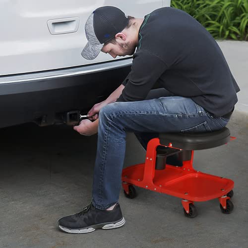 Black Garage Mechanic Creeper Seat with Tool Tray and Can Holder, Rolling Stool W196