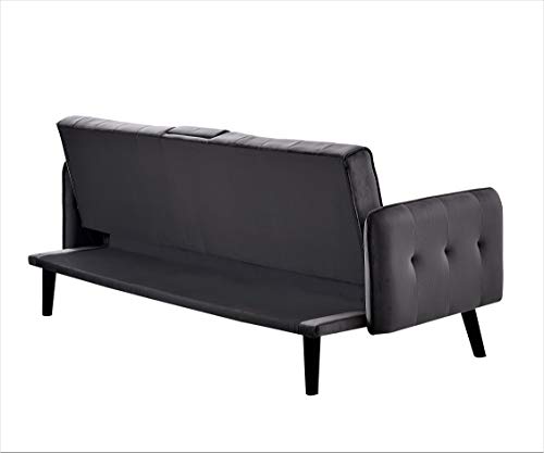 Blue Velvet Upholstered Futon Sofa Bed with Center Console and Cupholders S651281