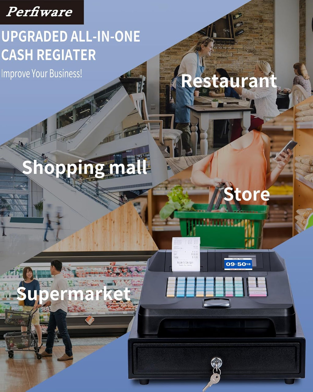 Cash Register with Cash Drawer and Built-In Receipt Printer, Dual Display J3368