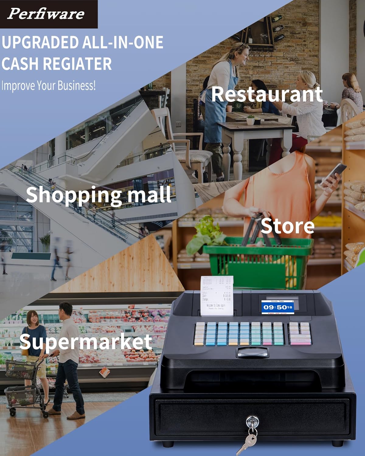 Cash Register with Cash Drawer and Built-In Receipt Printer, Dual Display J3368