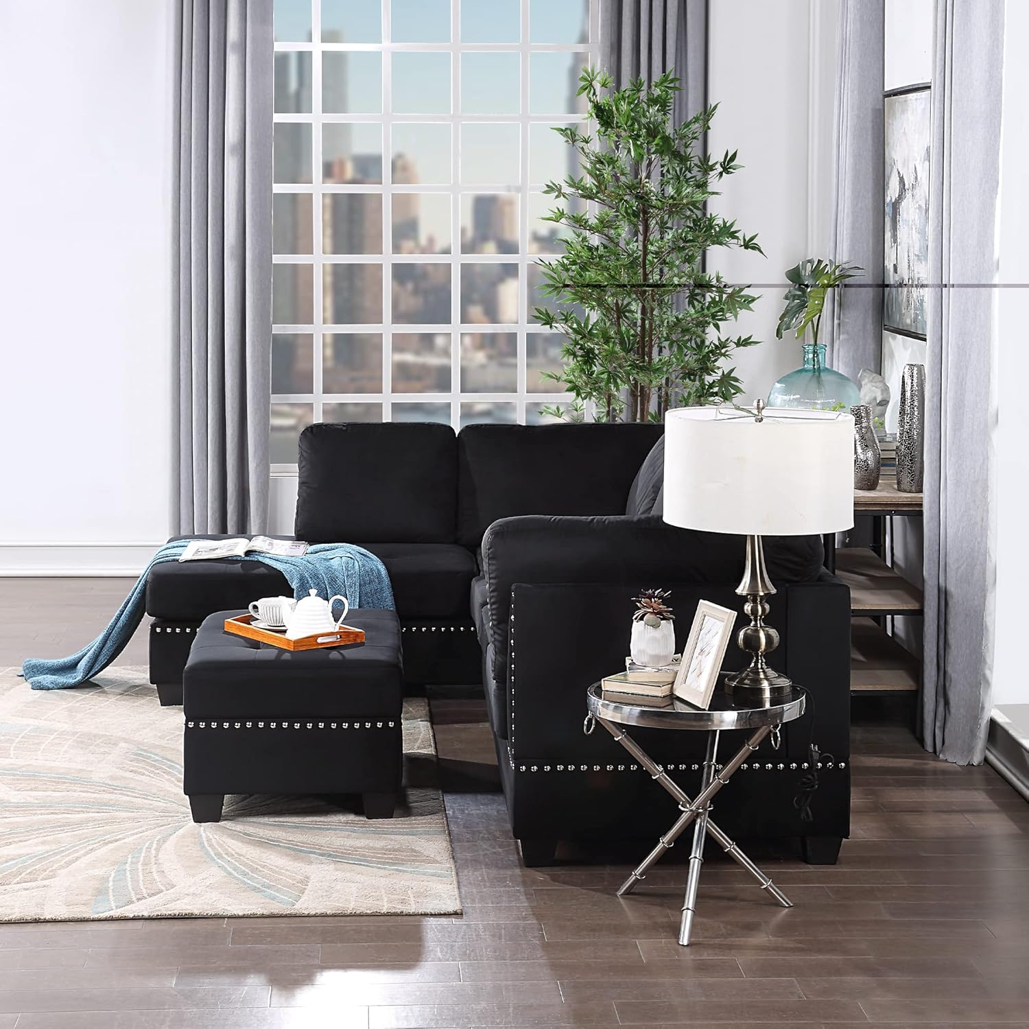 Reversible Sectional Sofa with Storage and Chaise Lounge Couch, Wooden Frame L-Shaped Corner Sofa Set with Ottoman, Black Z21357