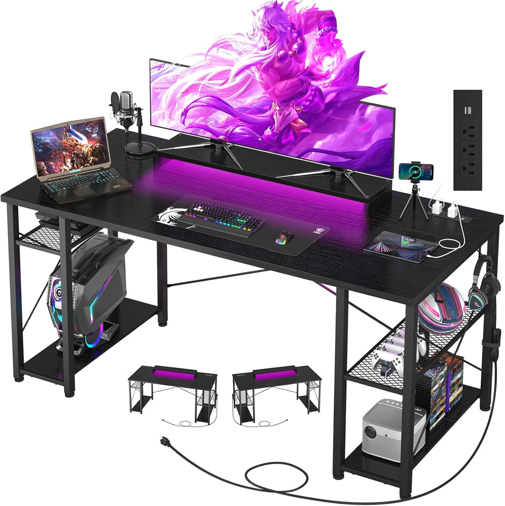 Black 55 Inch Gaming Desk with LED Lights and Power Outlet K7683