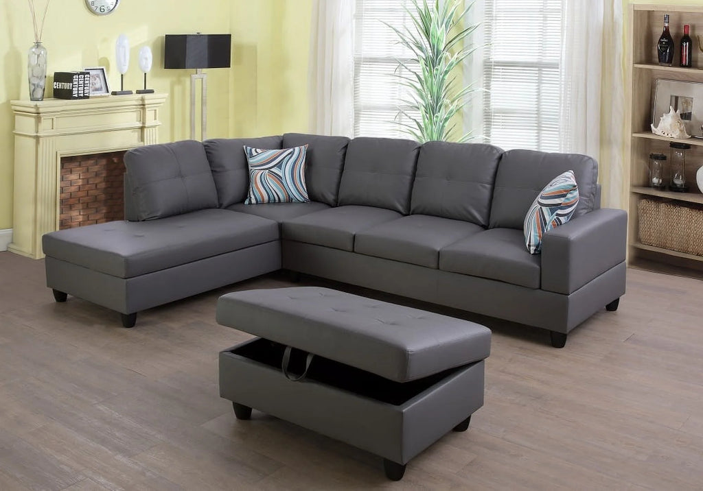 Dark Grey Faux Leather Sectional with Ottoman J8670