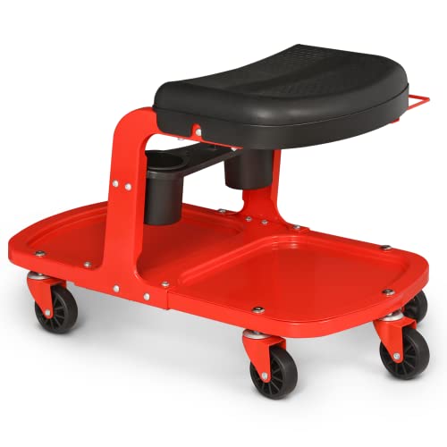 Black Garage Mechanic Creeper Seat with Tool Tray and Can Holder, Rolling Stool W196