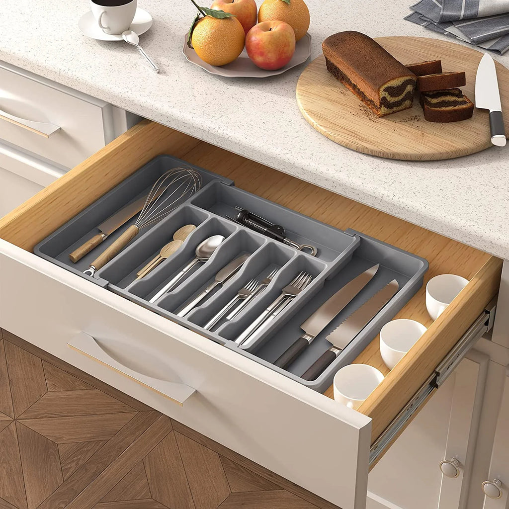 Grey Expandable Plastic Silverware Drawer Organizer H36058
