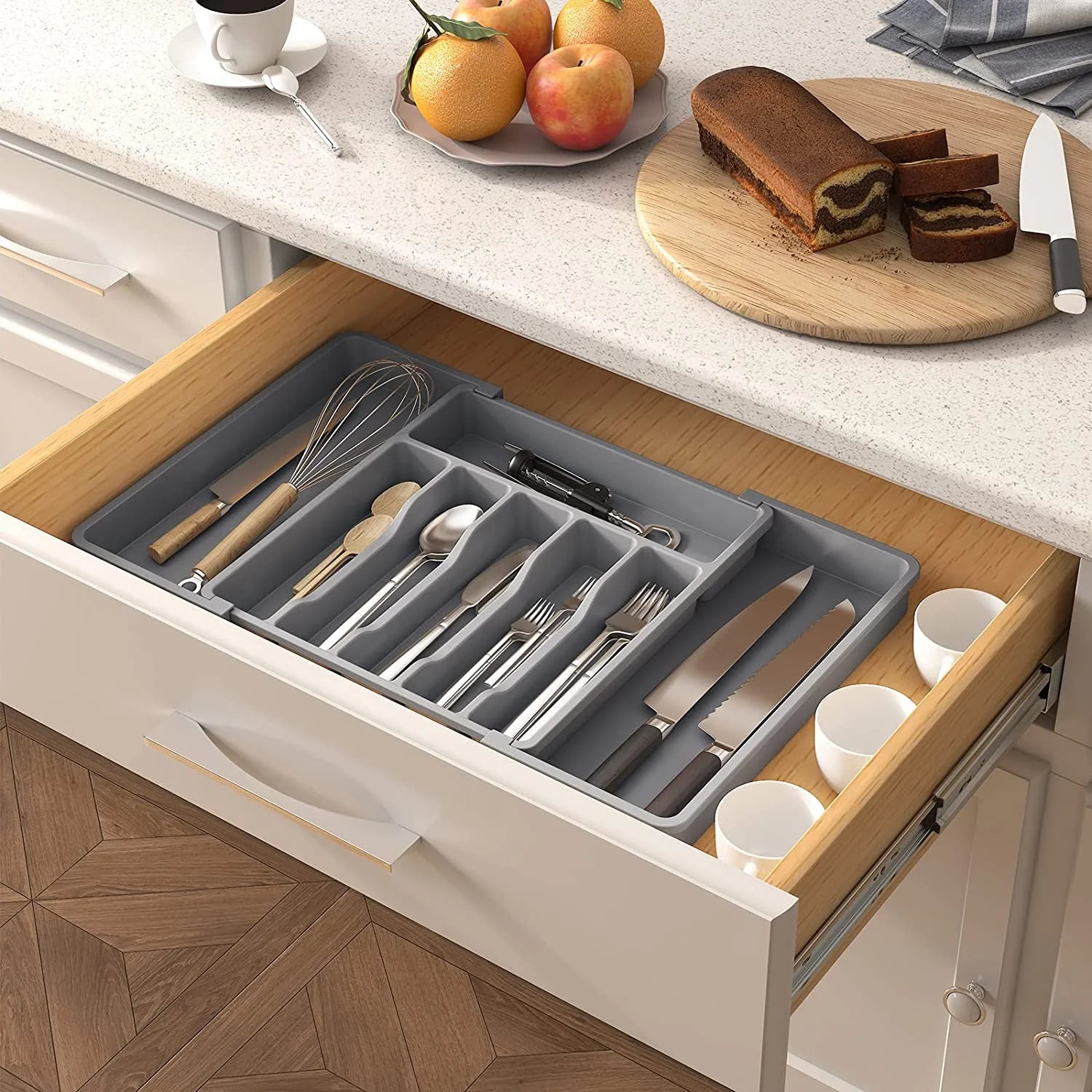 Grey Expandable Plastic Silverware Drawer Organizer H36058