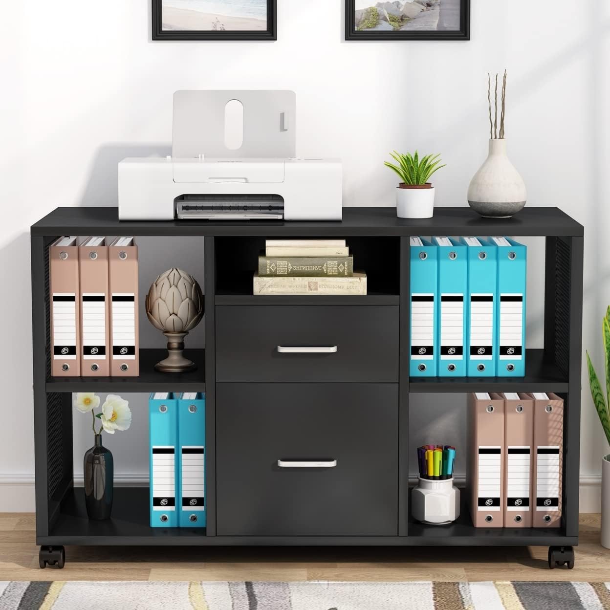 2 Drawer Wood File Cabinet with Open Storage Shelves P409