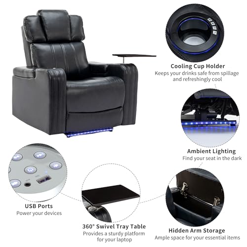 Dark Blue Power Recliner with Cup Holder Bluetooth Speaker LED Lights USB Ports Tray Table Storage G551