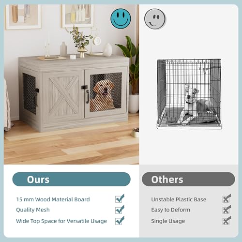 Grey 36 Inch Wooden Dog Crate with Double Doors M272862