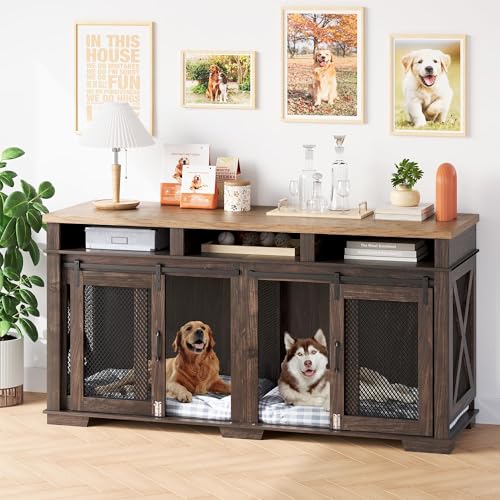 Brown Wooden Dog Crate with 3 Storages and Removable Divider E890