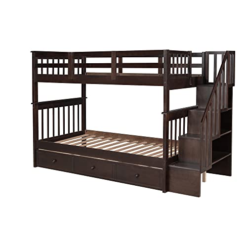 White Twin Over Full Wood Bunk Bed with Stairs and Storage Drawers Q9073