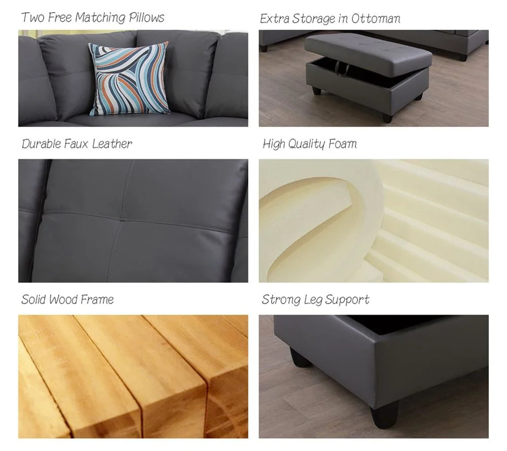 Dark Grey Faux Leather Sectional with Ottoman J8670