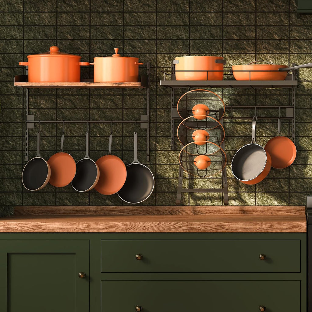 2 Pack Wall Mounted 2 Tier Pot Rack with 8 Hooks N75421