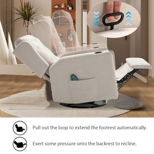 Oversized Swivel Rocker Recliner Chair with Cup Holders, Beige S960