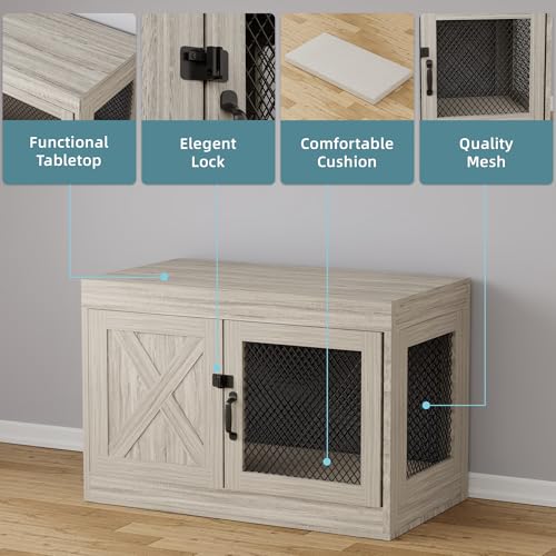 Grey 36 Inch Wooden Dog Crate with Double Doors M272862