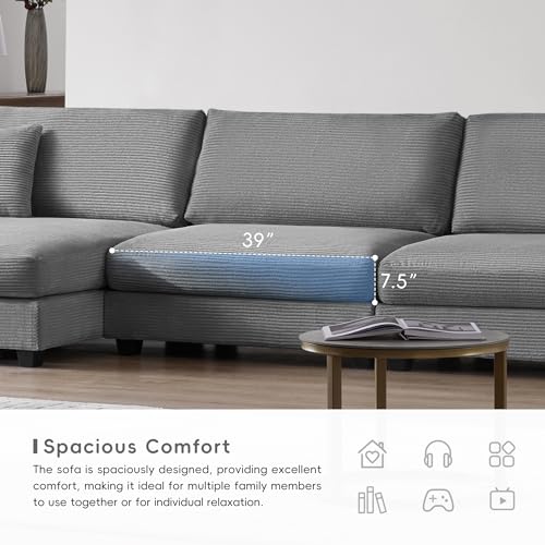 Beige Oversized Corduroy L Shaped Sectional Sofa with Chaise F576761
