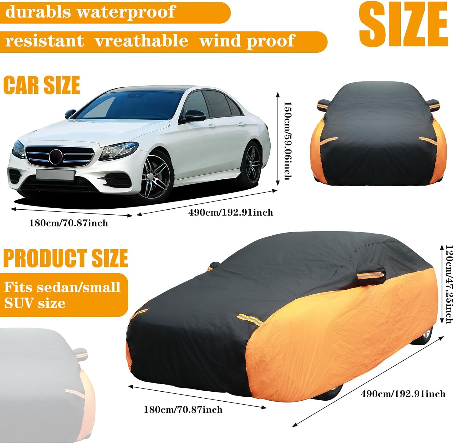 Black Orange Waterproof Full Car Cover for Sedan Length 194-208'' Height 59'' I761