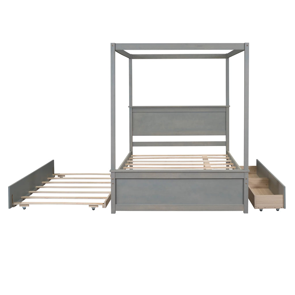 Gray Full Size Canopy Bed Frame with Trundle and 2 Storage Drawers V325443