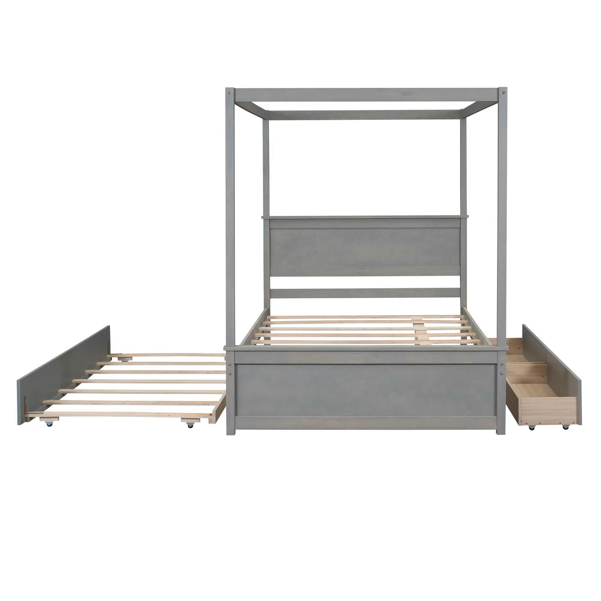 Gray Full Size Canopy Bed Frame with Trundle and 2 Storage Drawers V325443