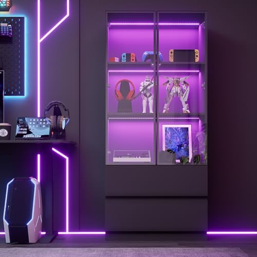 Glass Display Cabinet with LED Lights, 3-Tier Shelves and 2 Drawers X216489