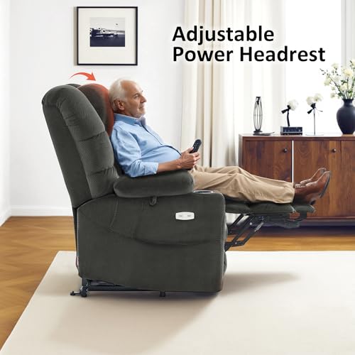 Large Triple Motor Power Lift Recliner Chair with Massage and Dual Heating, Fabric (Grey, Large) K409004