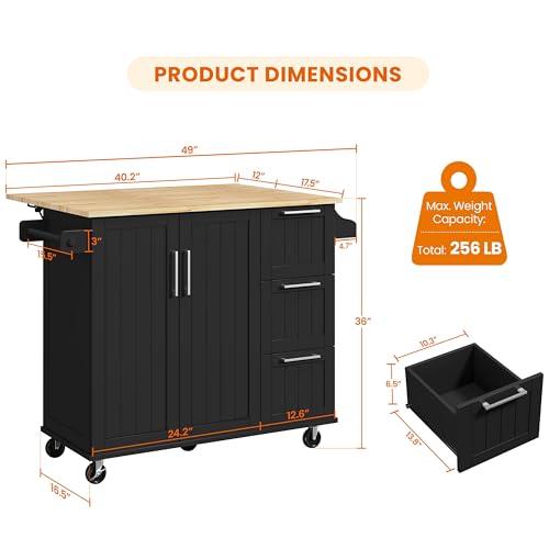 Black Kitchen Island Cart with Drop-Leaf Countertop, Rolling Storage Cabinet & 3 Drawers C2225