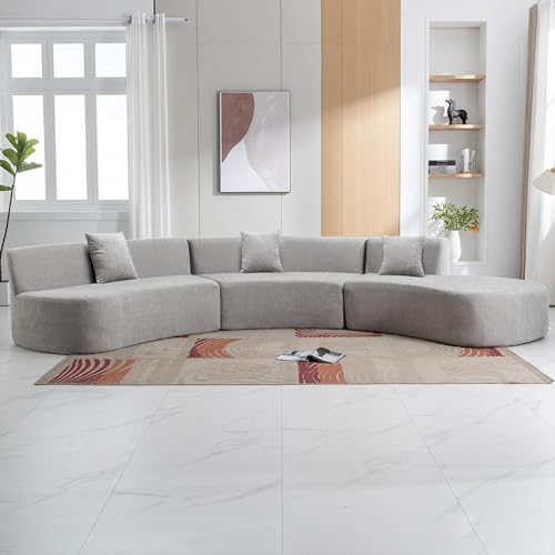 Grey Chenille Curved Sofa Sectional with Three Throw Pillows C11439