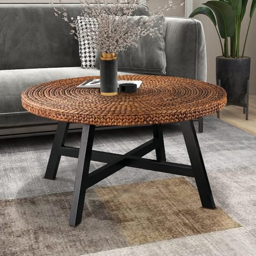 Natural Seagrass Round Coffee Table with Solid Wood Base, 32 x 17 Inches D150314