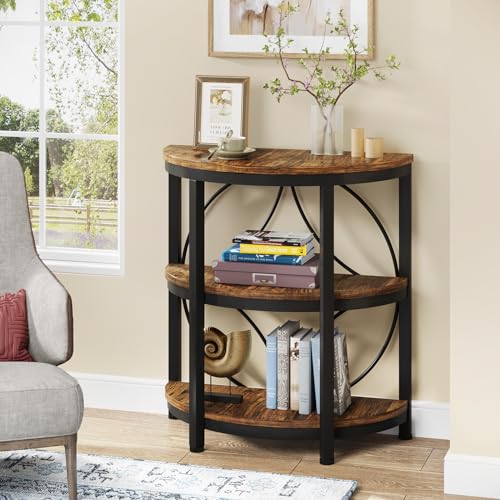 Half Round 3-Tier Narrow Side Table with Metal Frame, Grey I7085