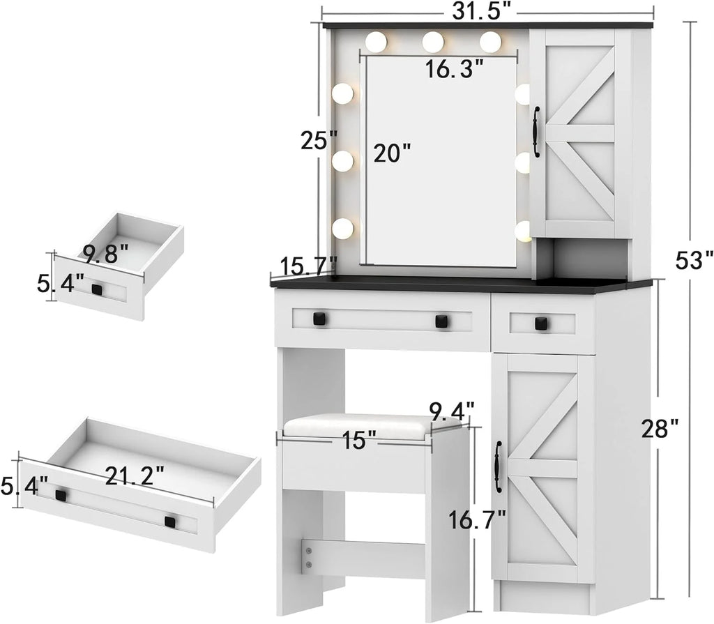 31.5" Makeup Vanity Desk with Lights and Bench Set H14785