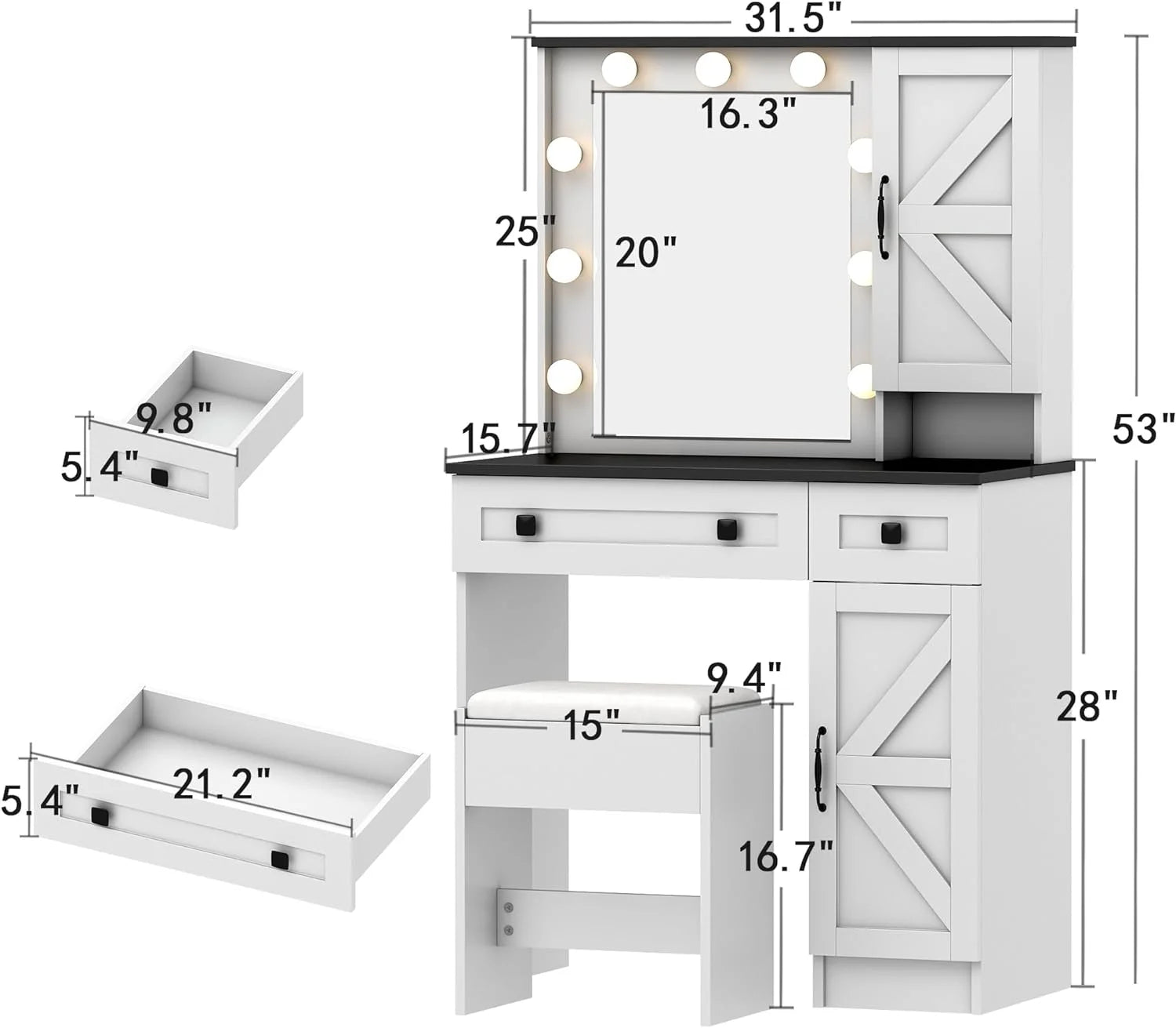 31.5" Makeup Vanity Desk with Lights and Bench Set H14785