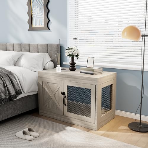 Grey 36 Inch Wooden Dog Crate with Double Doors M272862