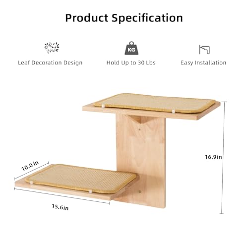Cat Wall Shelves with Leaves, 2 Platform, Rubber Wood Wall Perch with Mat, Bridge J229356