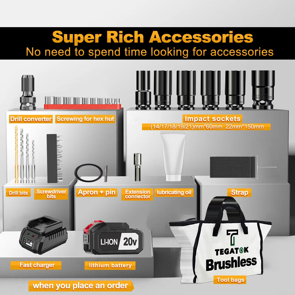 Cordless Impact Wrench 1/2 430N.m 2400 RPM Brushless with 4000 mAH Battery Fast Charger 6 Sockets Tool Bag F383846