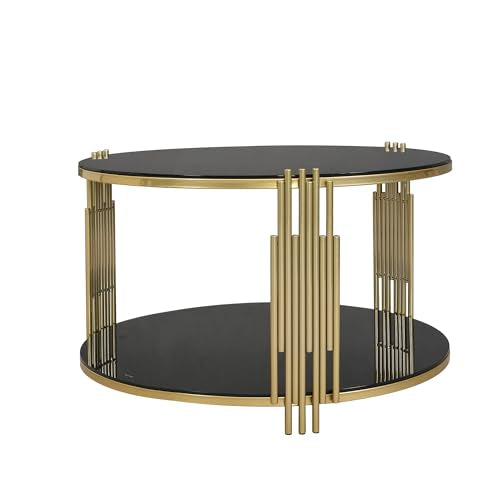 Black Round Coffee Table with Tempered Glass Tabletop and Metal Drum Base E87800
