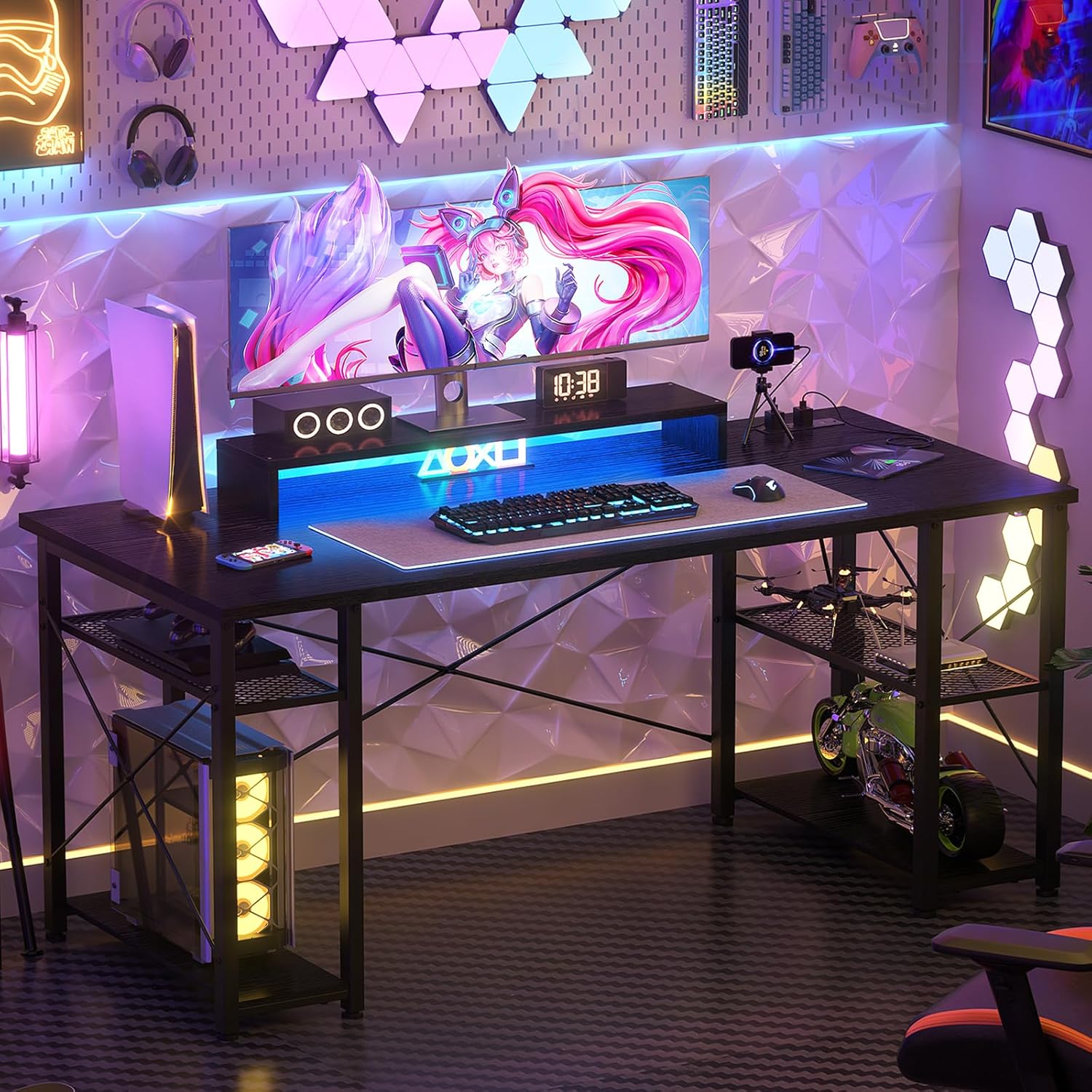 Black 55 Inch Gaming Desk with LED Lights and Power Outlet K7683