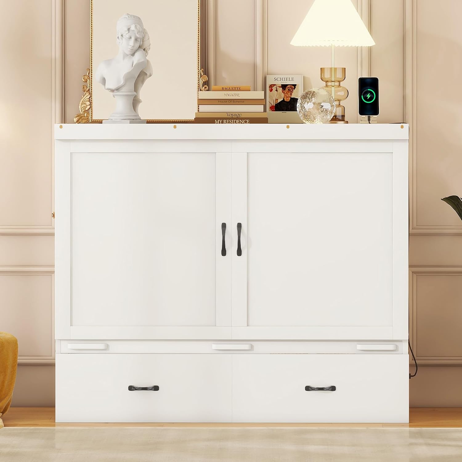 White Full Size Wood Murphy Bed with Storage Drawer C562314