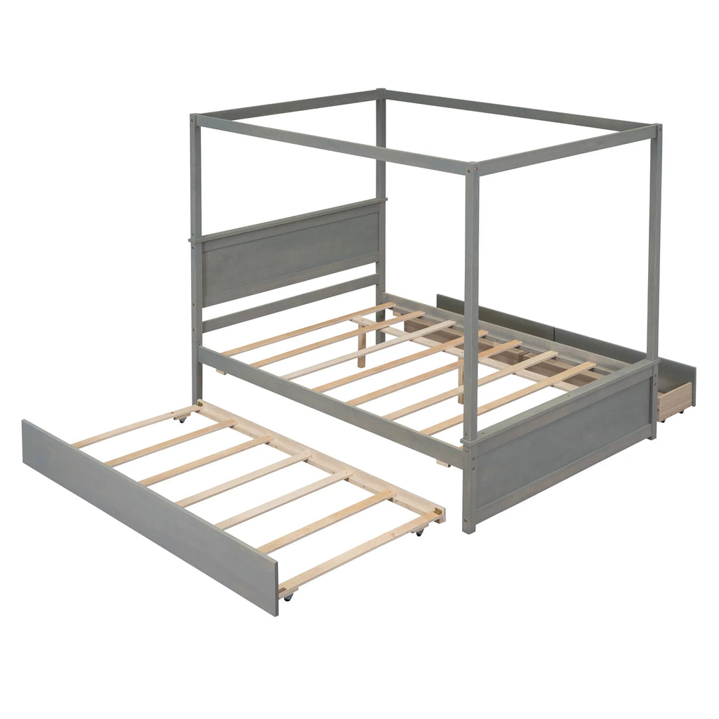 Gray Full Size Canopy Bed Frame with Trundle and 2 Storage Drawers V325443