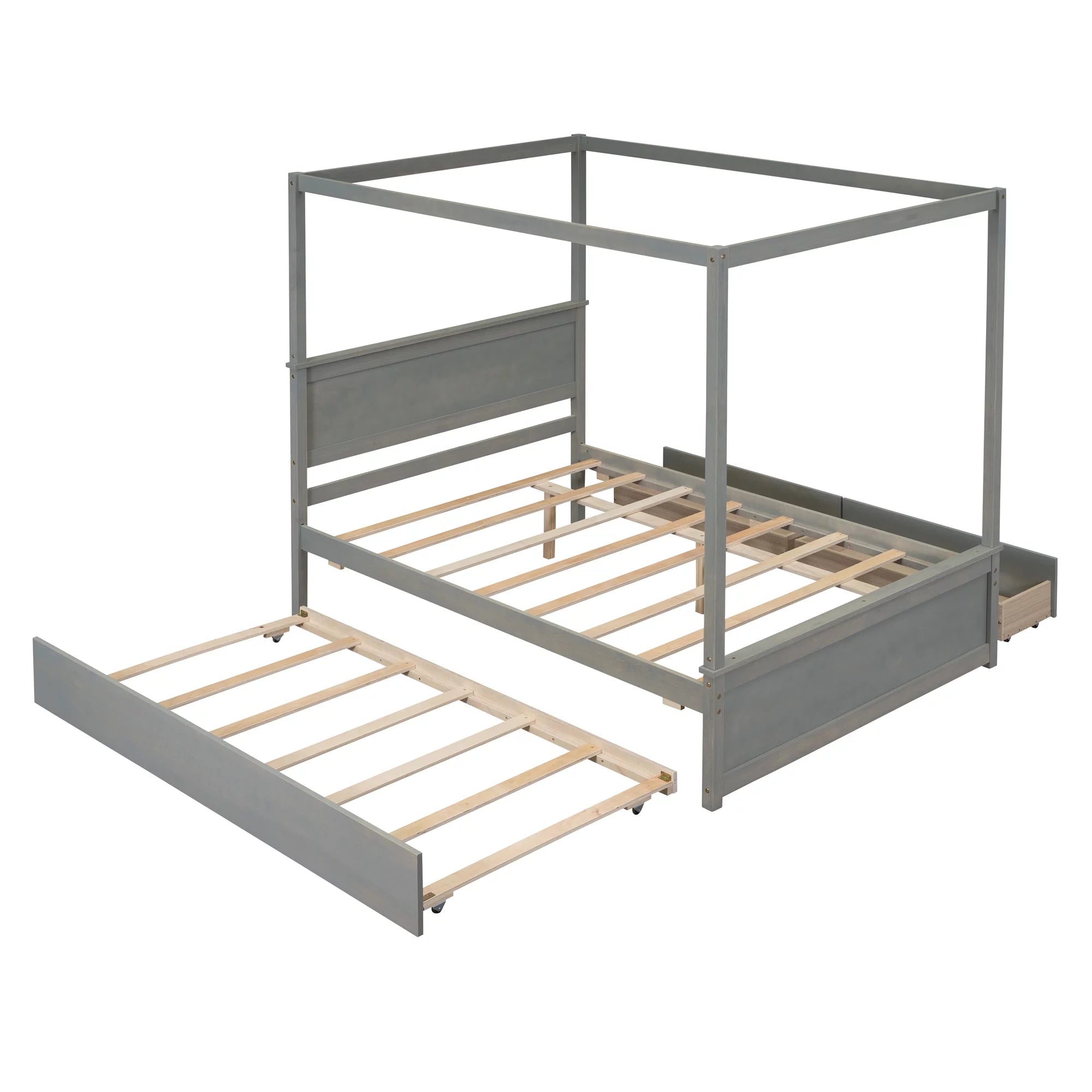 Gray Full Size Canopy Bed Frame with Trundle and 2 Storage Drawers V325443