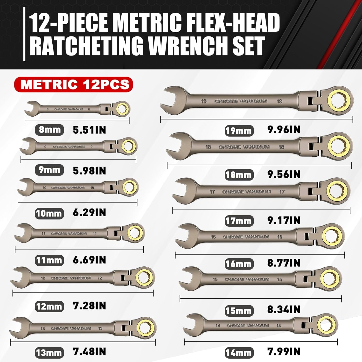 12-Piece 180° Metric Flex-Head Ratcheting Wrench Set K21804