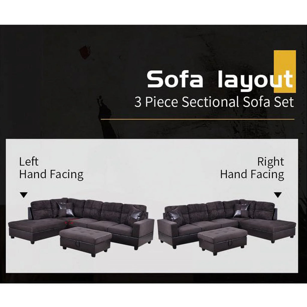 104" Sectional Sofa & Chaise with Ottoman Microfiber and faux leather upholstery Espresso Left Hand Facing A779996