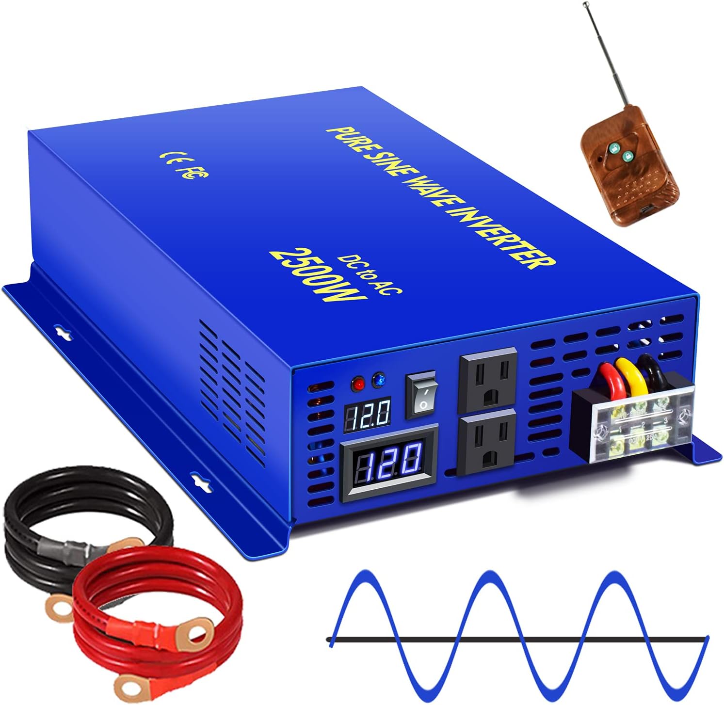 2500W Pure Sine Wave Inverter 24v to 110V 120V AC with Wireless Remote Switch Y709894