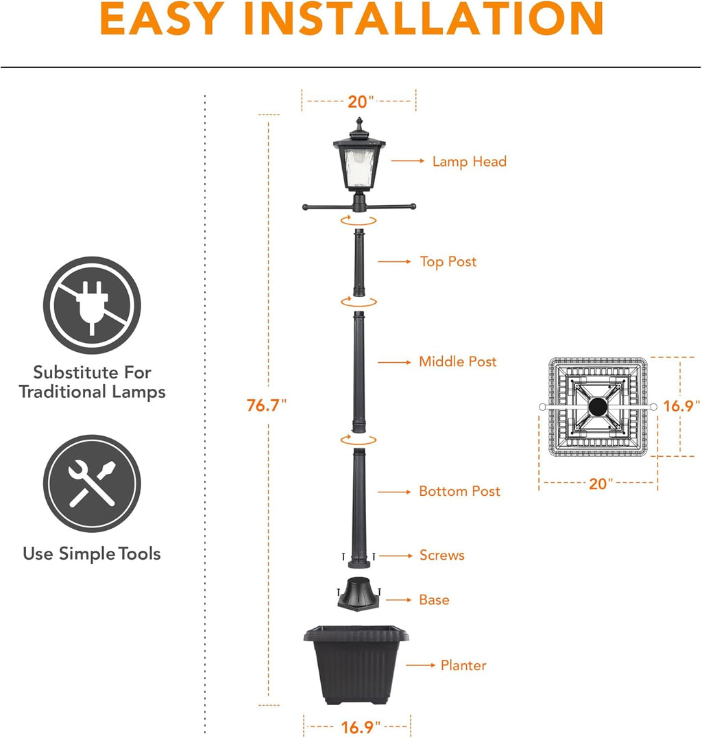 76" Height Solar Lamp Post Lights with Planter, Die-Casting Aluminum, Glass Lampshade with Warm White LED, Matte Black U917