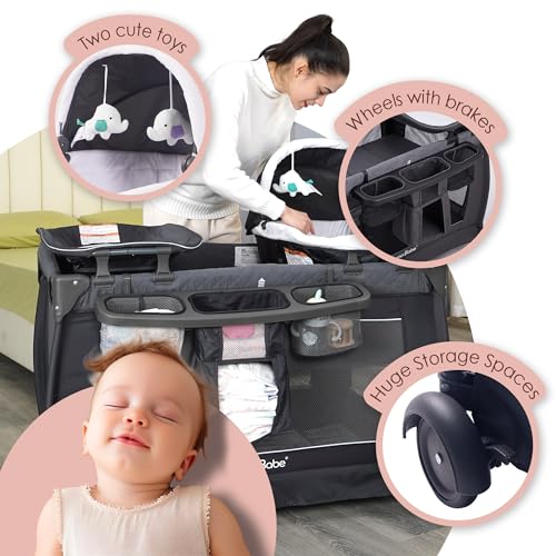 Grey Foldable Playpen with Bassinet, Mattress, Changing Table G505114