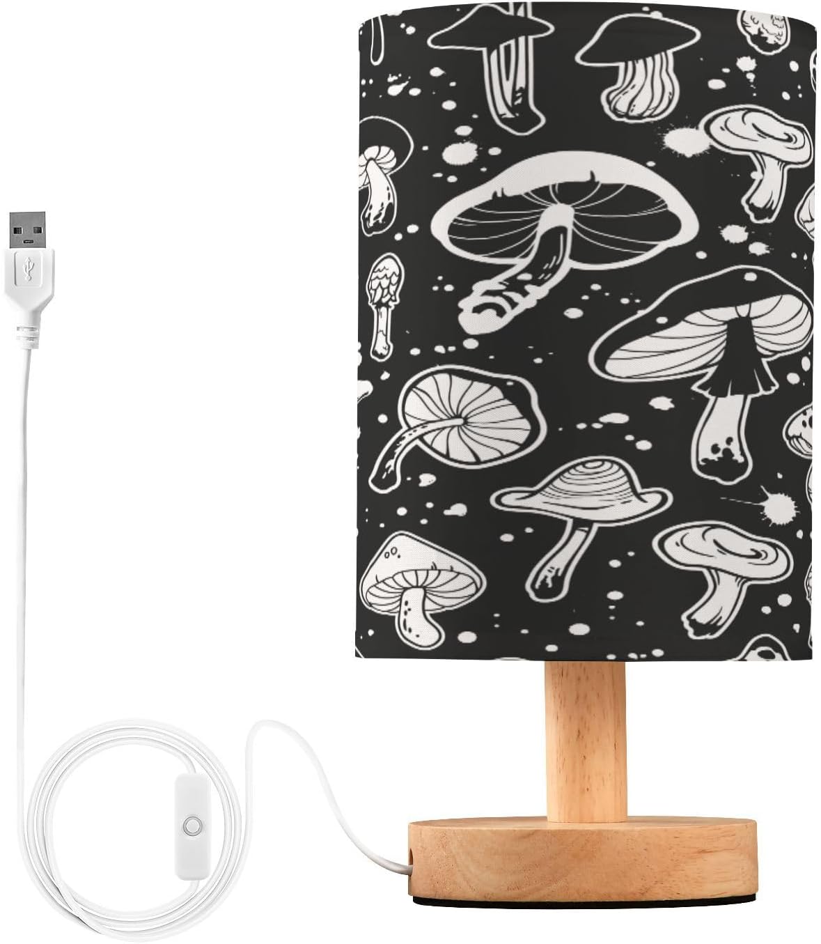 Black White Mushroom Bedside Table Lamp with USB Port Wood Base Round Flaxen Fabric Shade B467721