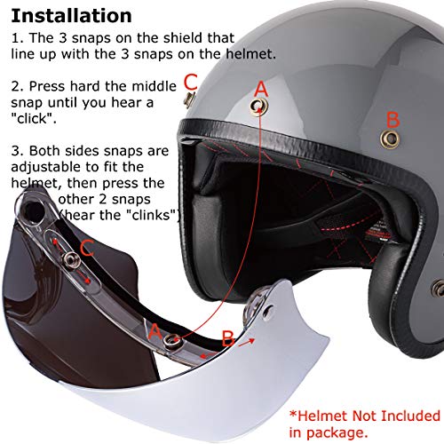 3-Snap Flip Up Visor Shield Lens for Retro Open Face Motorcycle Helmet (Clear) W228402