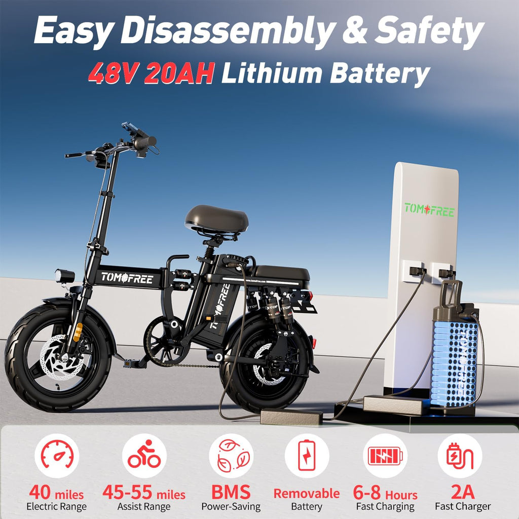 14" Folding Electric Commuting Bike with 1000W Brushless Motor, 48V 20Ah Removable Battery W7086