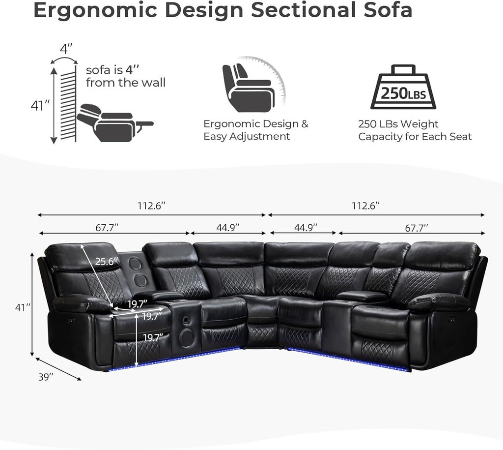 Black Faux Leather Power Reclining L-Shape Sectional Sofa Q599