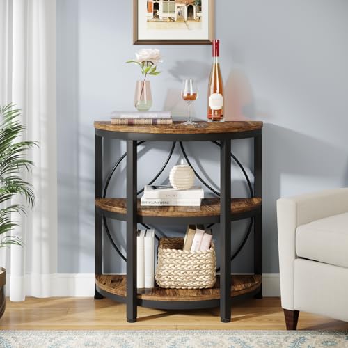 Half Round 3-Tier Narrow Side Table with Metal Frame, Grey I7085